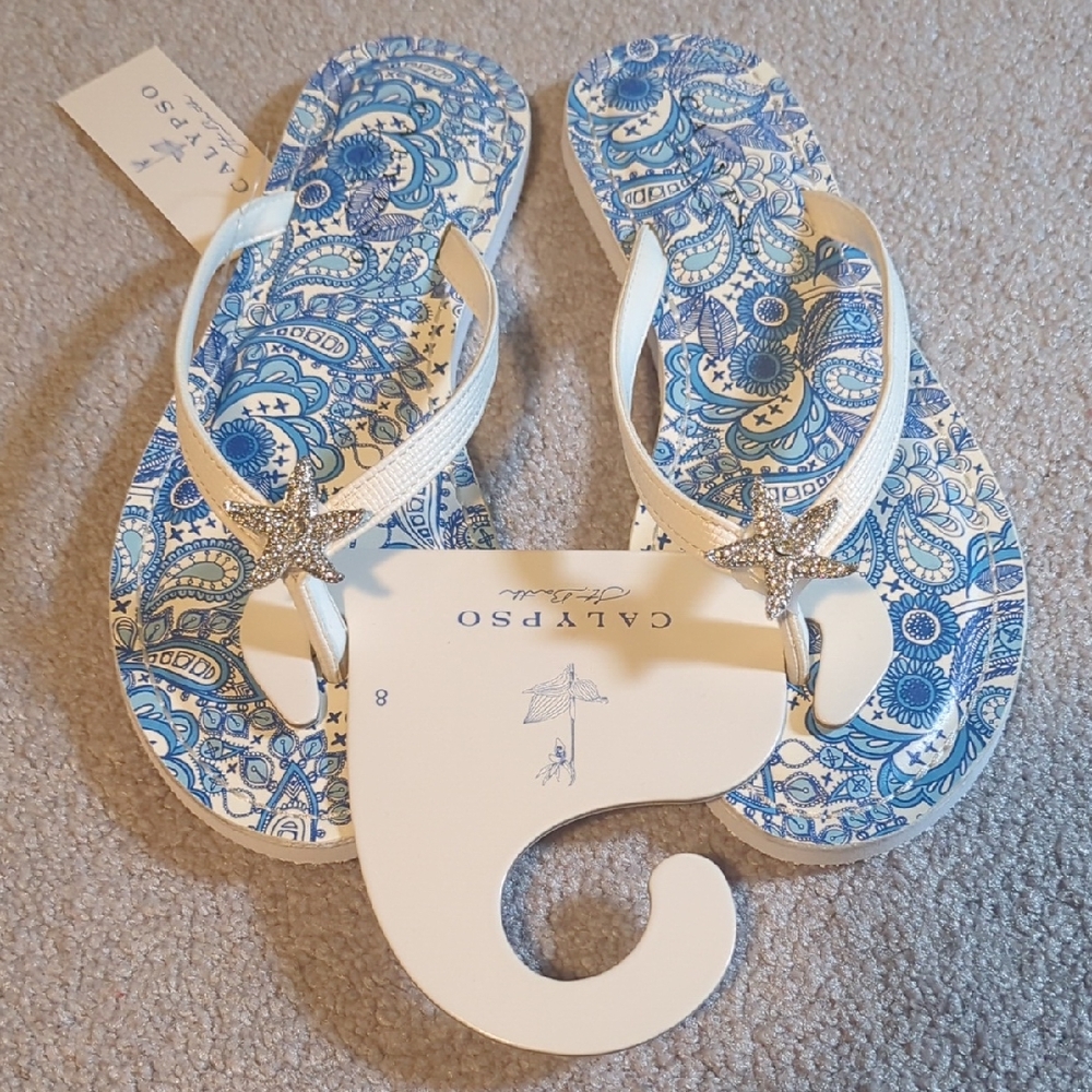 Calypso St. Barth Blue Paisley Sandals with White Straps
